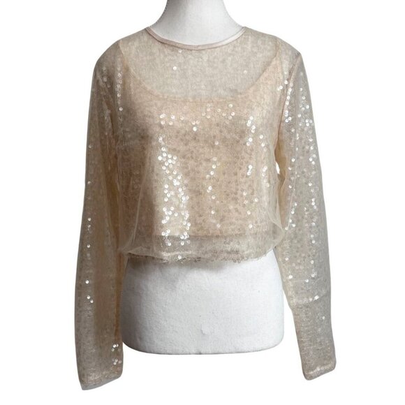 NWT JASON WU CHAMPAGNE SEQUIN ORGANZA LAYERED LONG SLEEVE CROP TOP - M - Picture 1 of 12